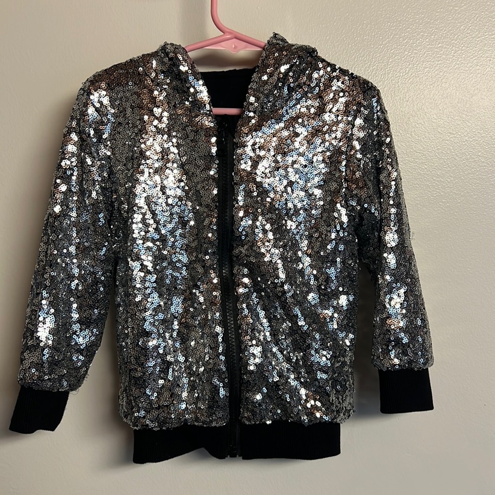 Silver Glitter Kids full zip up hoodie sweatshirt with Tshirt material lining.